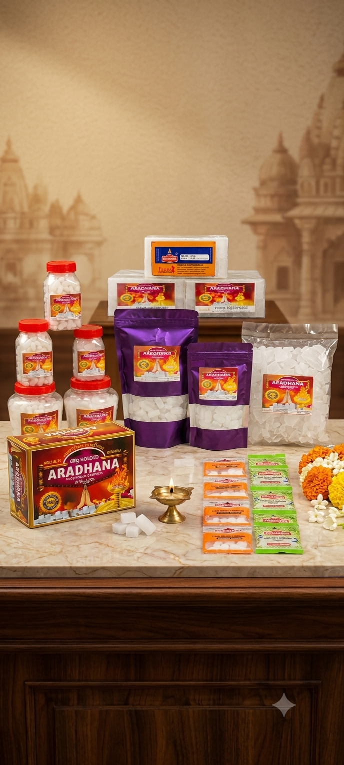 Aradhana camphor range — jars, packs & boxes